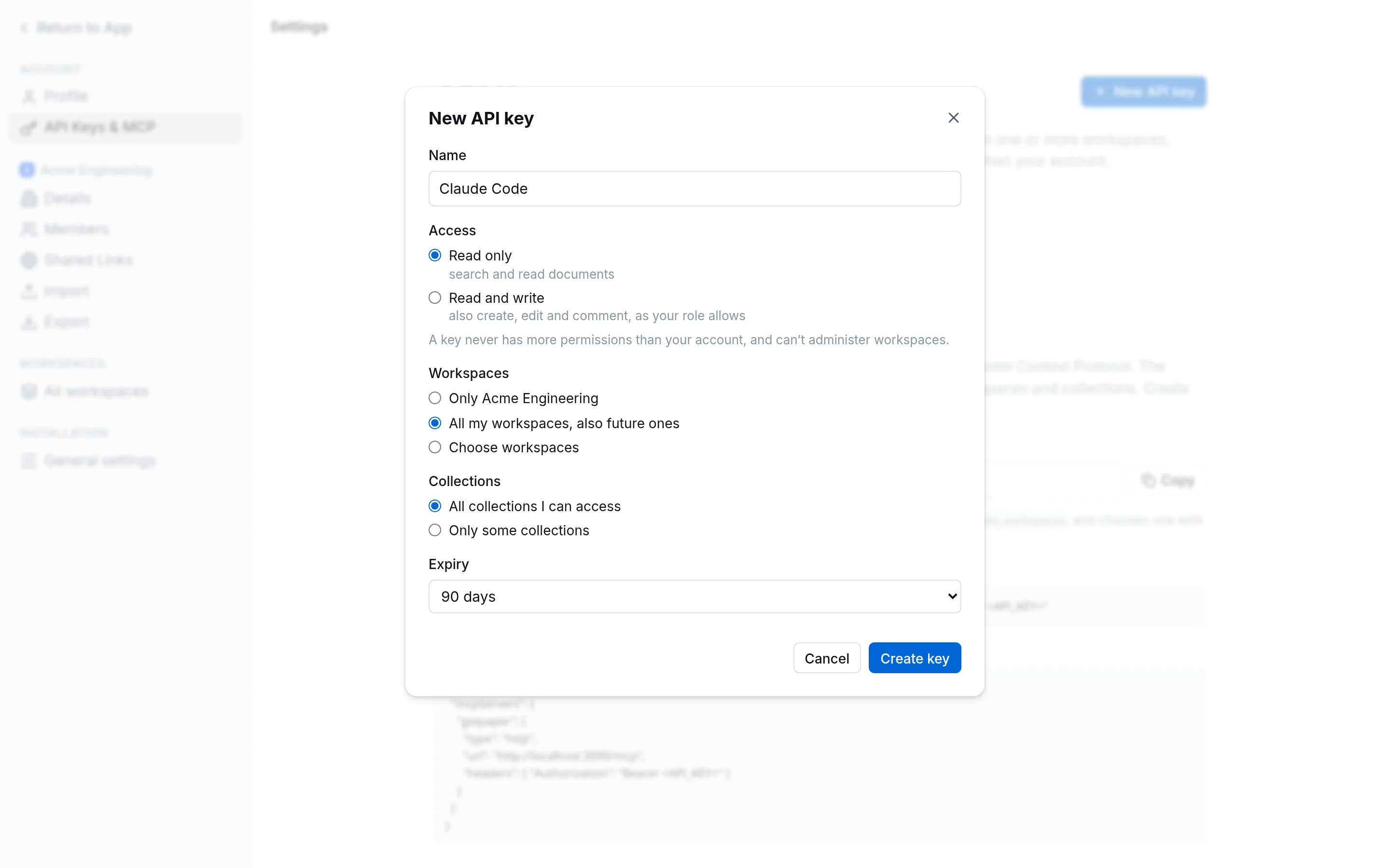 Creating a scoped API key for the MCP server